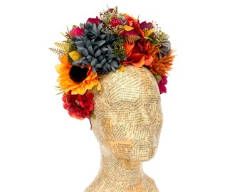 Autumn Gold Sunflower Headband, Floral Headpiece, Crown, Frida Kahlo Costume, Dia de Los Muertos, Day of the Dead, Fall Wedding