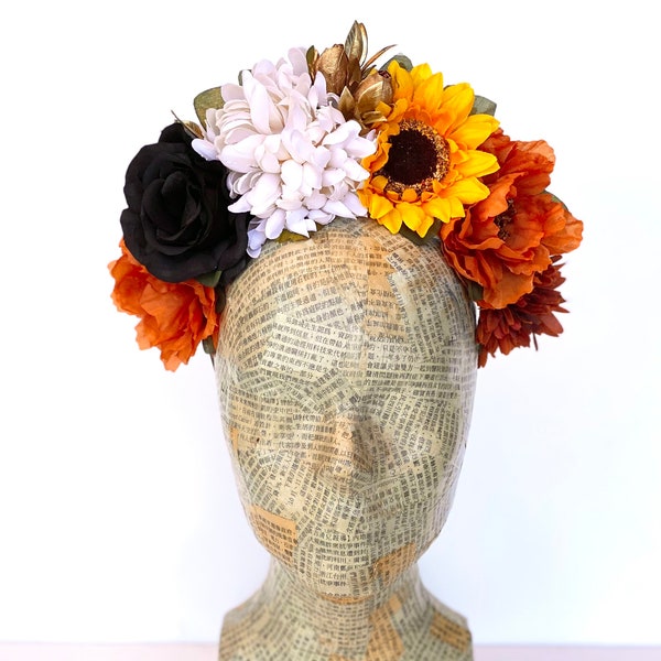 Autumn Sunflower Headpiece, Day of the Dead, Dia de los Muertos, Frida Flower Crown, Costume, Mexican Floral Crown, Copper, Black, Gold