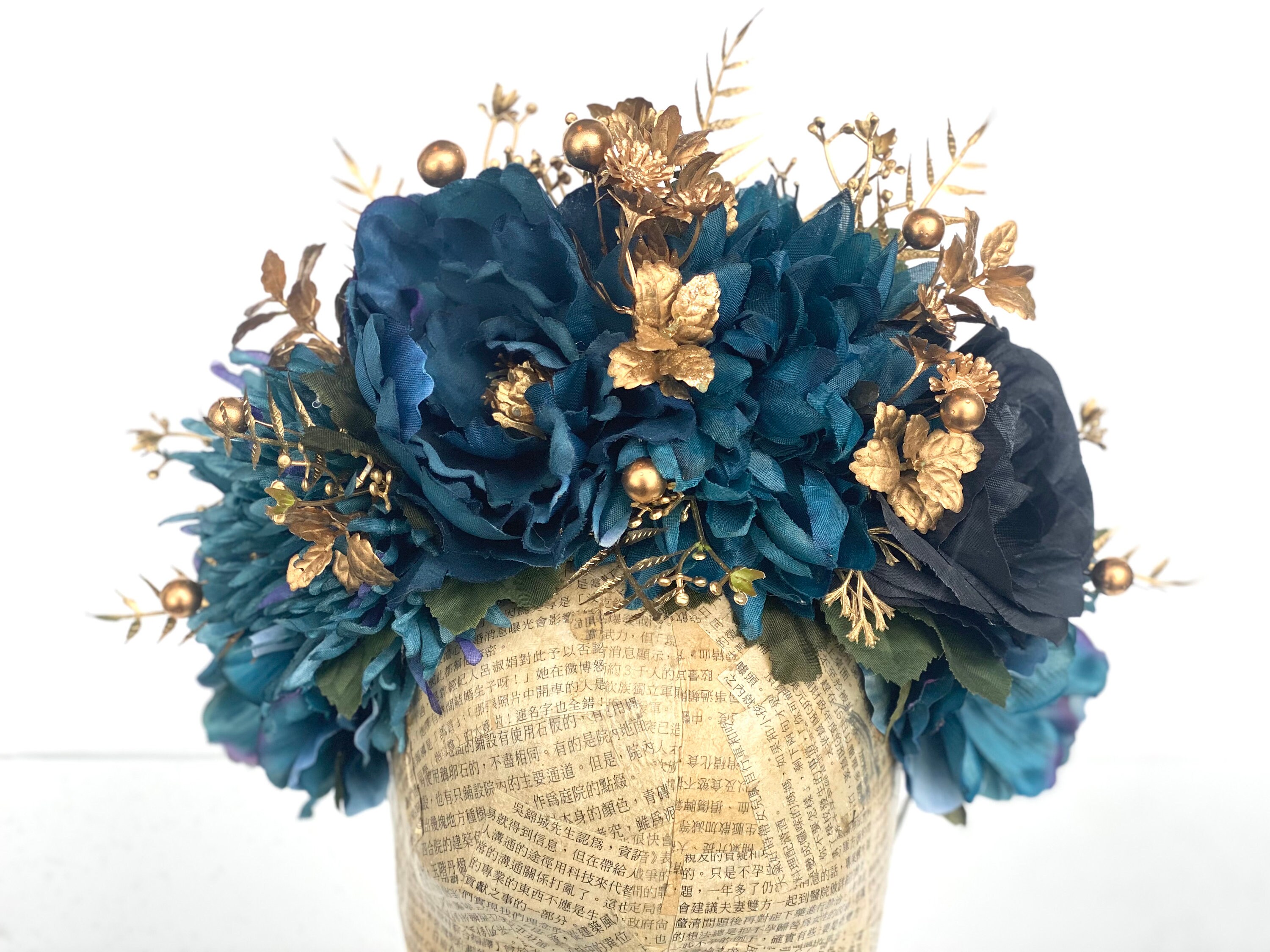 Patina Blue and Gold Flower Headpiece, Flower Crown  display picture 1