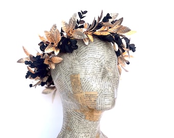 Corona de hojas negras y doradas, Carnaval, Laurel romano, Dios griego, Tocado, Tocado de eucalipto, Disfraz de toga, Diadema, LARP, Gótico, Hombres