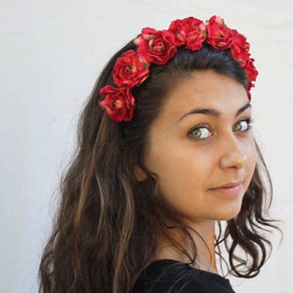 Velvet Red Rose Headband, Flower Crown, Red Velvet Rose Crown, Flower Headband, Red Rose Headband, Rose Crown,  Halo, Frida Kahlo, R08