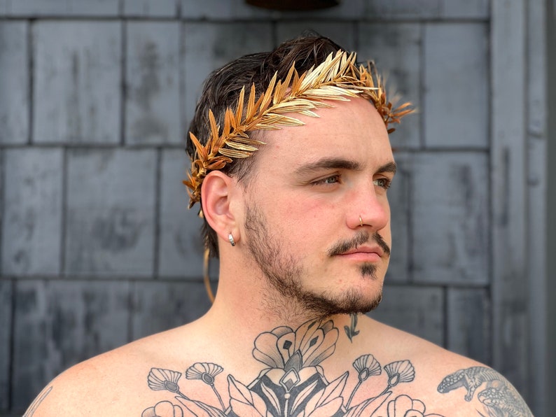 Mens Gold Leaf Crown, Olive Leaf Laurel, Greek Wedding, Groom, Festival Clothing, Toga Costume, Roman Headpiece, Groom, LARP, Gift for Him, image 6