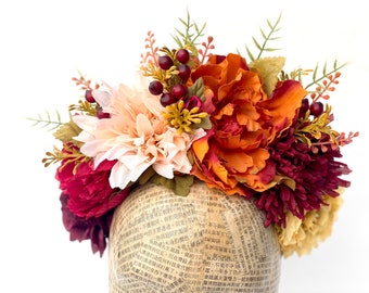 Autumn Harvest Floral Headpiece, Fall Wedding, Dahlia Flower Headband, Crown, Frida Kahlo, Day of the Dead Costume, Dia de Los Muertos,