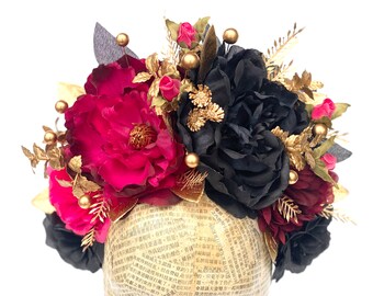 Pink and Gold Flower Crown, Black Floral Headband, Frida Kahlo Flower Headpiece,