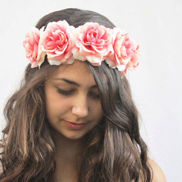 Coachella, Coral Pink Rose Crown, Pink Flower Crown, Festival Clothing, Coral Pink Rose Headband, Pink Floral Crown, Pink Rose Crown