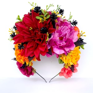 Tiara de flores Frida Kahlo, fascinator, tiara mexicana, coroa de flores Fiesta, estilo festival, Burning Man, tiara de flores coloridas, estilo Boho