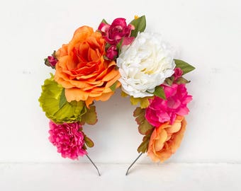 Frida Flower Crown, Day of the Dead Headpiece, Kahlo, Mexican Flower Crown, Mexican Flower Headband, Dia de los Muertos, Floral Crown, Crown
