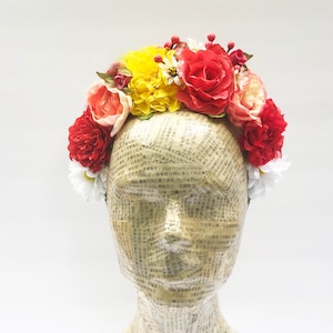 Marigold and Rose Flower Crown, Frida Costume, Yellow, Red Frida Flower Headpiece, Mexican Headband, Dia de los Muertos, Yellow and Pink,