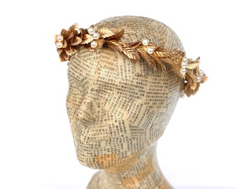 Gold Leaf and Pearl Circlet, Laurel Head Wreath, Gold Leaf Crown, Greek Wedding, Bride, Groom Headpiece, Laureate, Toga Costume, Grad Gift