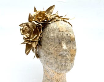 Golden Rose Flower Headpiece, Gold Flower Fascinator, Bridal Flower Crown, Easter Hair, Weddings, Greek Goddess, Side Floral Headband, Boho