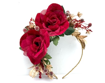 Diadema de flores rojas de San Valentín, corona de rosas de terciopelo, banda para el cabello con flores doradas, tocado de flores, fiesta de invierno, Frida Kahlo, bodas, novias