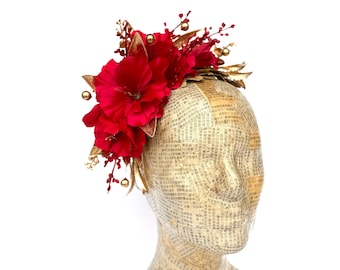 Corona de flores tropicales rojas, tocado floral hawaiano, boda tropical, tocado de lirio rojo, diadema roja y dorada, orquídea, fiesta de invierno, bohemio