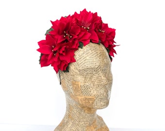 Red Poinsettia Flower Crown, Christmas Headband Woman, Child, Poinsettia Hair Piece, Holiday Headpiece, Christmas Wedding, Bride, Winter