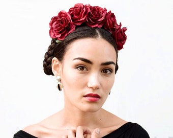 Día de San Valentín, Corona de rosas rojas oscuras, Frida Kahlo, Diadema floral, Día de Muertos, Tocado mexicano, Tocado, Boho