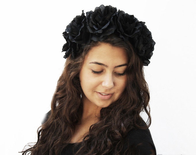 Black Rose Flower Crown Headband Black Rose Crown Black Etsy