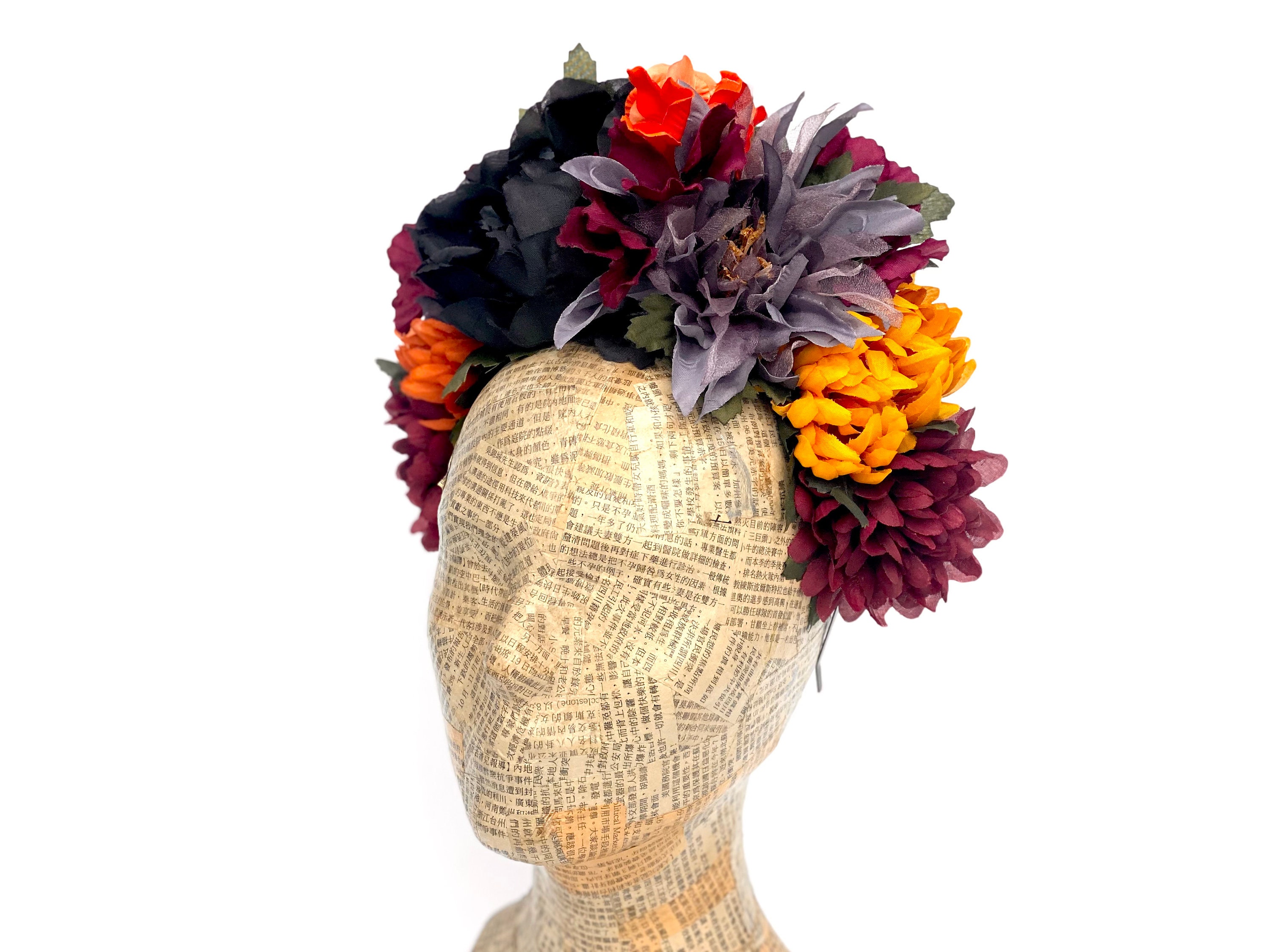 Day of the Dead Flower Headband, Mexican Dia de Los Muertos Floral Headpiece, Halloween Costume, Black and Grey Flower Crown, Marigolds