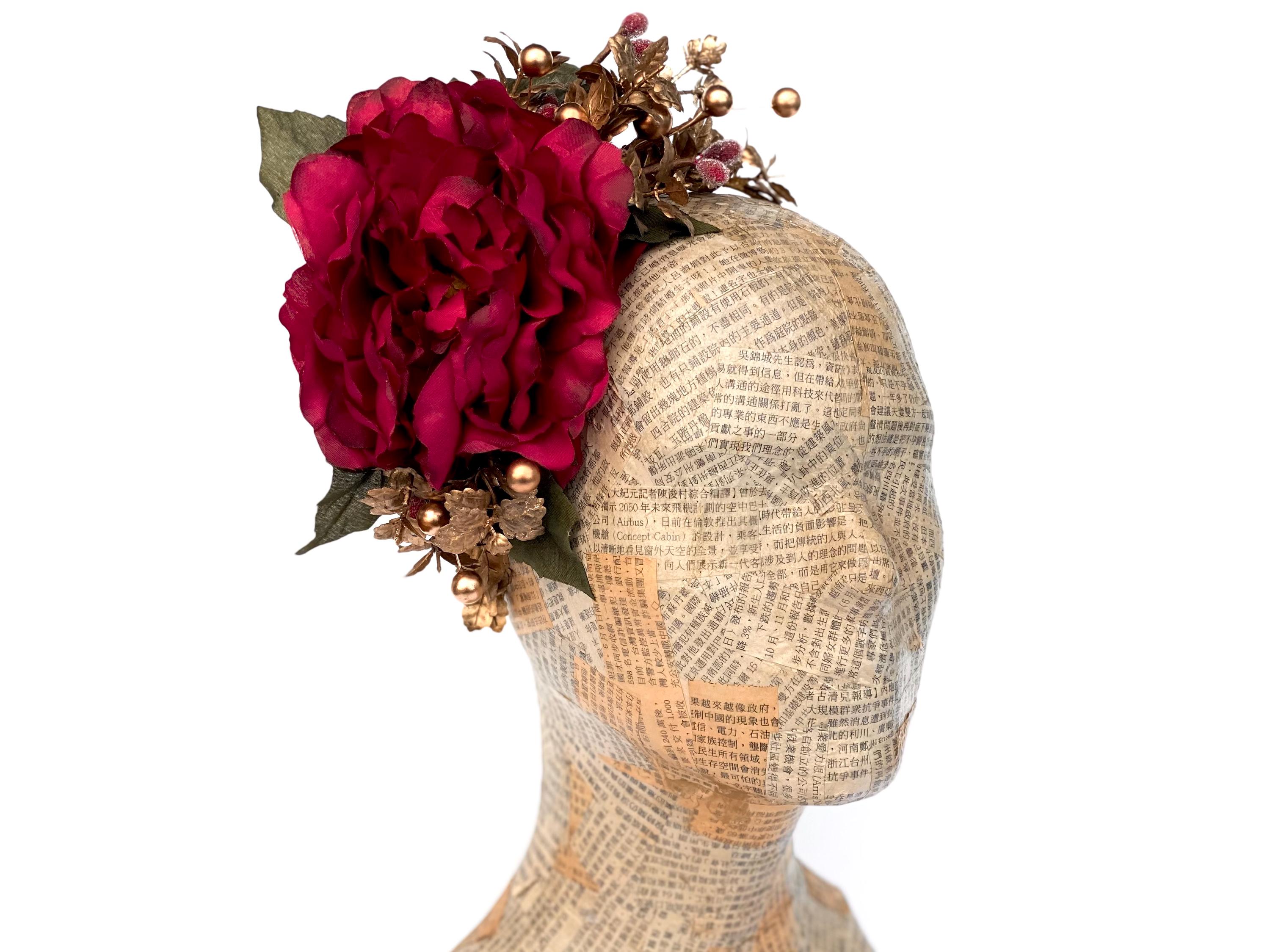 Brand New Red Fascinator Gold Accent Flowers Headband Handmade in USA Red & Gold Fascinator - Etsy main image 2