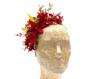 Diadema de lirio rojo, tocado floral rojo dorado, San Valentín, corona de flores tropicales, tocado floral, hawaiano, vacaciones de primavera, orquídea
