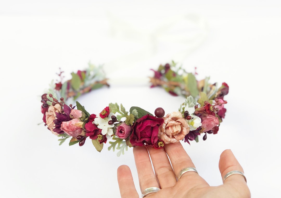 Burgundy Pink Rose Bridal Flower Crown, Rustic Floral Headpiece