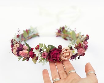 Burgundy Pink Rose Bridal Flower Crown, Rustic Floral Headpiece, Circlet, Woodland Wedding, Flower Hair Wreath, Bohemian Bridal Crown, Blush