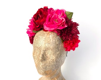 Pink and Red Flower Crown, Frida, Kahlo, Dia de Los Muertos Costume, Floral Headpiece, Day of the Dead, Mexican Flower Headband, La Catrina