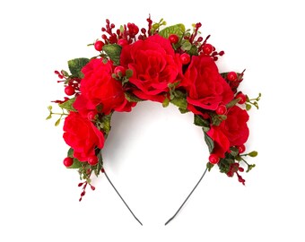 Diadema con rosas rojas y bayas, tocado floral, corona de flores rojas, Frida Kahlo, San Valentín, corona para la cabeza, boda mexicana, fiesta, tocado