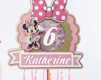 Adorno para tarta de cumpleaños de Minnie Mouse: Regalo de cumpleaños para niña / Nombre y edad editables (Plantilla de Canvas)