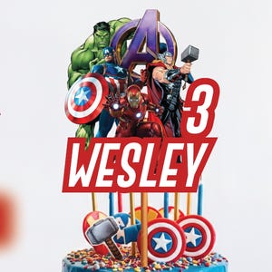 Adornos para tarta de Los Vengadores editables / Nombre y edad personalizados con temática de superhéroes / Archivo Canva