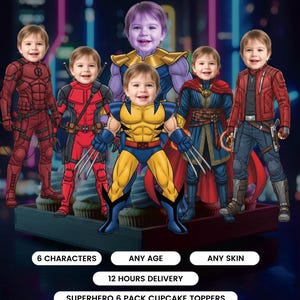 Personalized Face Superhero Marvel Cupcake Toppers | Birthday Party Decoration | Type 2 | Canva Editable