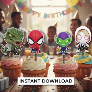 May include: Cupcakes topped with superhero-themed figurines, including Spider-Man, the Lizard, and the Green Goblin. The cupcakes have pink, yellow, and blue frosting with sprinkles. The image includes the text "INSTANT DOWNLOAD".