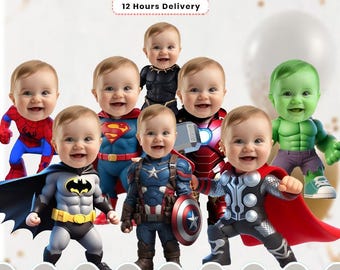 Adornos personalizados para cupcakes con caras de superhéroe: paquete de 8 decoraciones imprimibles de cumpleaños inspiradas en Los Vengadores para niños.