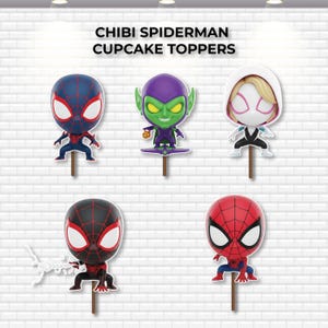 May include: Chibi Spider-Man cupcake toppers featuring various characters. The toppers include Spider-Man, Miles Morales, Green Goblin, and Spider-Gwen. Each figure is on a wooden stick, perfect for decorating cupcakes or other treats.
