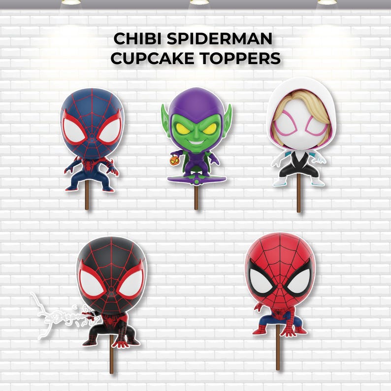 May include: Chibi Spider-Man cupcake toppers featuring various characters. The toppers include Spider-Man, Miles Morales, Green Goblin, and Spider-Gwen. Each figure is on a wooden stick, perfect for decorating cupcakes or other treats.