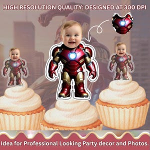 Puede incluir: Imagen de cupcakes decorados con adornos tem&aacute;ticos de Iron Man. Los adornos muestran la cara de un beb&eacute; con un traje de Iron Man. La imagen incluye el texto "HIGH RESOLUTION QUALITY: DESIGNED AT 300 DPI" y "Idea for Professional Looking Party decor and Photos."