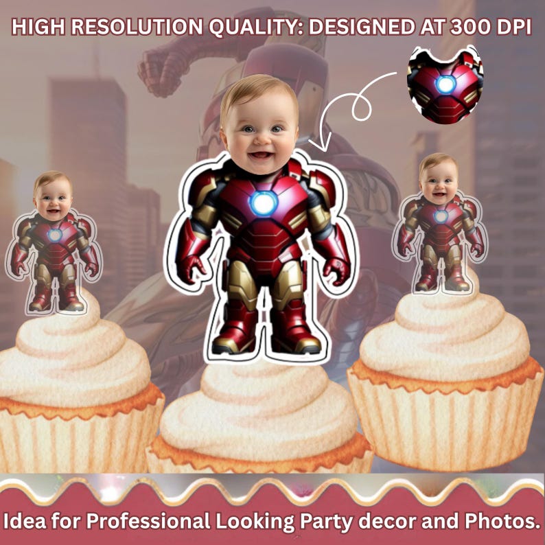 Puede incluir: Imagen de cupcakes decorados con adornos tem&aacute;ticos de Iron Man. Los adornos muestran la cara de un beb&eacute; con un traje de Iron Man. La imagen incluye el texto "HIGH RESOLUTION QUALITY: DESIGNED AT 300 DPI" y "Idea for Professional Looking Party decor and Photos."