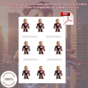Puede incluir: Una hoja de pegatinas con la cara de un beb&eacute; superpuesta a un traje de Iron Man. Las pegatinas son rojas y doradas, con el texto "SKDIGITALX" debajo de cada imagen. La imagen tambi&eacute;n incluye un icono PDF y el texto "AFTER GETTING THE DELIVERY EMAIL NOTIFICATION, YOU NEED TO CHECK THE ETSY ACCOUNT TO DOWNLOAD THE COMPALTE PDF FILE."