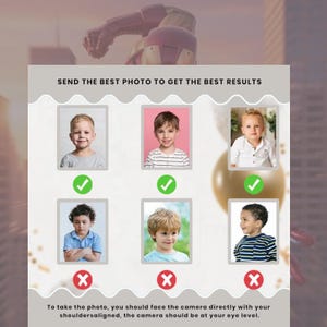 Puede incluir: Gr&aacute;fico con seis retratos de ni&ntilde;os, tres con marcas de verificaci&oacute;n verdes y tres con cruces rojas. El texto superior dice: "ENV&Iacute;A LA MEJOR FOTO PARA OBTENER LOS MEJORES RESULTADOS." Instrucciones sobre el &aacute;ngulo de la c&aacute;mara.