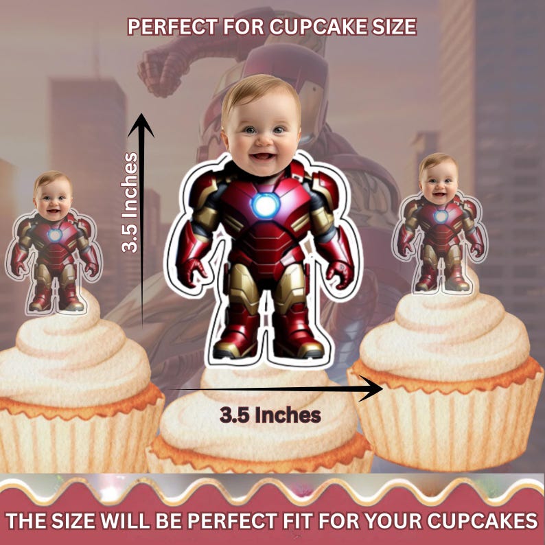 Puede incluir: Adornos para cupcakes con un beb&eacute; disfrazado de Iron Man, rojo y dorado. Los adornos miden 8,89 cm de alto y ancho, perfectos para cupcakes. La imagen incluye el texto "PERFECT FOR CUPCAKE SIZE" y "THE SIZE WILL BE PERFECT FIT FOR YOUR CUPCAKES."