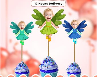 Adornos personalizados para cupcakes de hadas: Decoración de cumpleaños con cara personalizada (archivo digital)