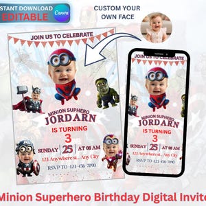 Könnte beinhalten: Eine digitale Geburtstagseinladung mit einem Minion-Superhelden-Thema. Die Einladung zeigt ein Baby als Superheld verkleidet, mit dem Text "Feiern Sie mit uns", "Minion Superhero Jordarn wird 3" und Veranstaltungsdetails. Das Design ist editierbar.