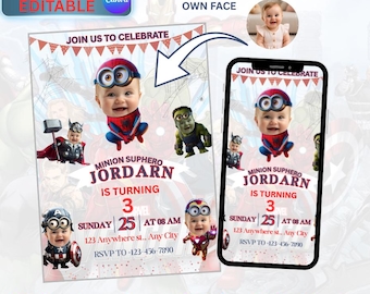 Invitación de cumpleaños de superhéroe Minion / Invitación digital personalizada con rostro / Editable en Canva (Descarga instantánea)
