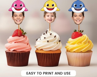 Adornos personalizados para cupcakes con cara de tiburón bebé / Decoración de cumpleaños infantil / Archivo editable de Canva