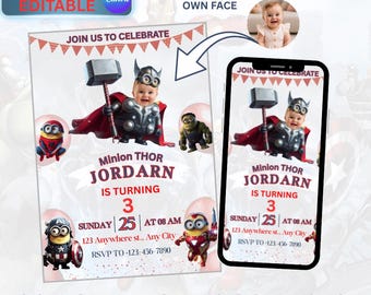 Invitación de cumpleaños personalizada con la cara del Minion y el superhéroe Thor / Invitación digital para fiesta de superhéroes / Descarga instantánea