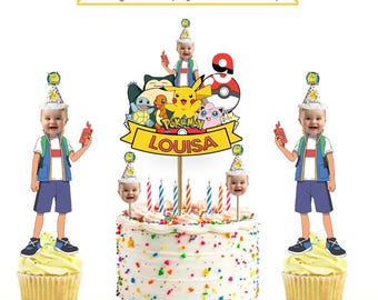 Adornos para tarta de Pokémon con cara personalizada / Tema de cumpleaños de Pikachu / Archivo digital