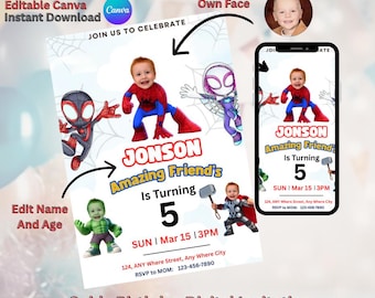 Invitación de cumpleaños personalizada con la cara de Spidey y sus amigos / Invitación digital del superhéroe Peter Parker / Editable en Canva