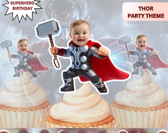 Adornos personalizados para cupcakes con la cara de Thor, superhéroe / Cumpleaños de los Vengadores / Decoración para fiestas infantiles / Archivo digital