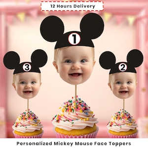 Personalized Face Mickey Mouse Cupcake Toppers, Minnie Mouse Cupcake Toppers, Customized Digital Download with Child’s Face & Birthday Year
