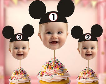 12 adornos personalizados para cupcakes de Mickey Mouse: Cara personalizada y año de cumpleaños (descarga digital)