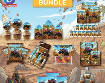 Monster Truck Birthday Bundle | Cupcake Toppers, Party Hats | 12 Party Favors | Canva Editable