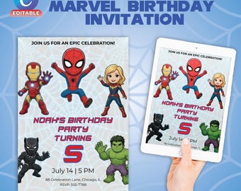 Invitación de cumpleaños personalizada de los Vengadores / Plantilla de decoración infantil / Canva editable con acceso instantáneo